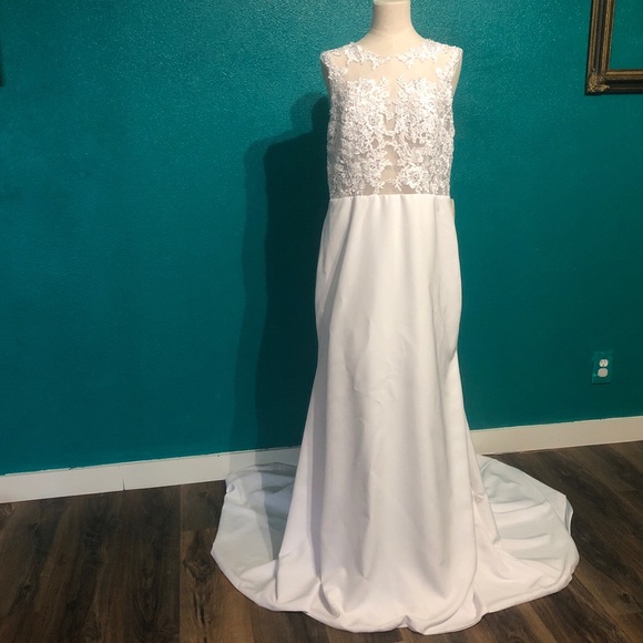 High Neck Satin Lace Sleeveless Sweep Train Gown - Picture 3 of 8